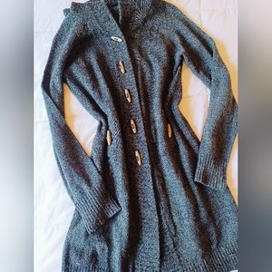 Heathered Grey Black Hooded Knit Duster Long Tunic Sweater Toggle Cardigan Cozy